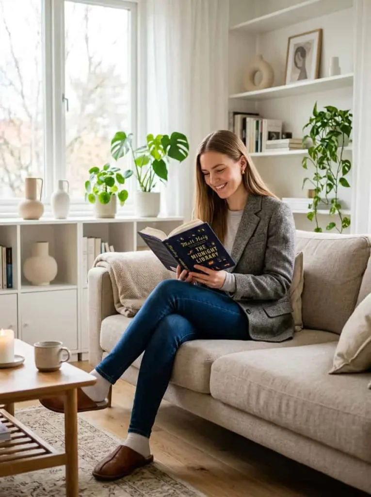 A young women sits on sofa named is Kathleen A Brown, is a author and home decor specialist