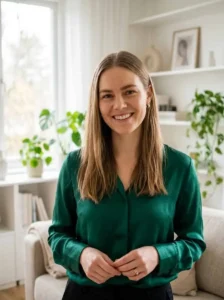 A woman in green dress. Kathleen A Brown, is the founder, author and editor of haven decor aura website.
