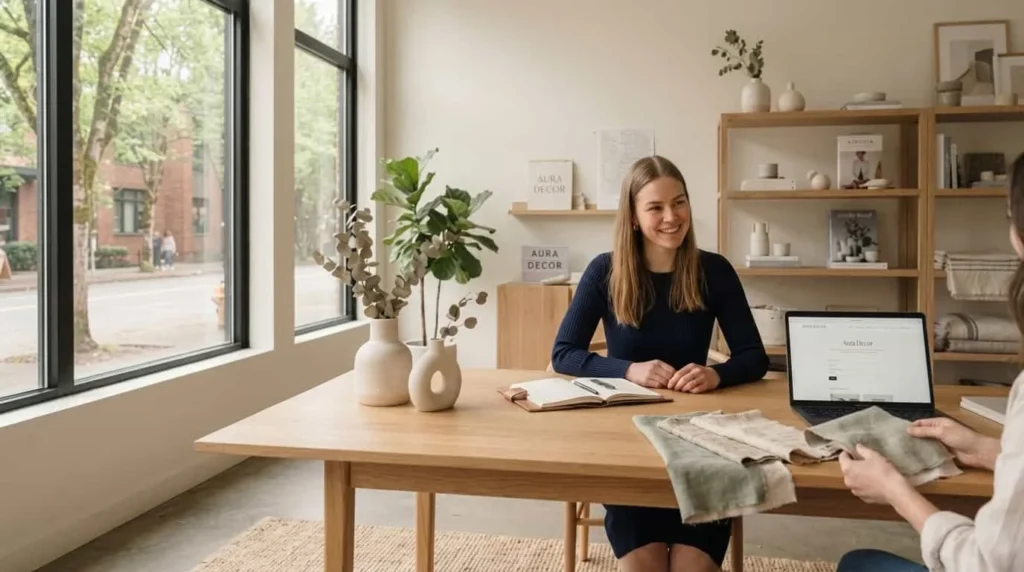 The author and owner of haven decor aura sits in office living room