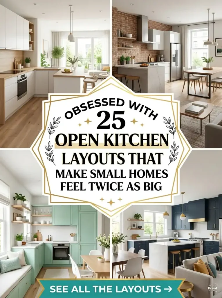 Obsessed with 25 open kitchen layouts that make small homes feel twice as big. Collage of four modern kitchen designs