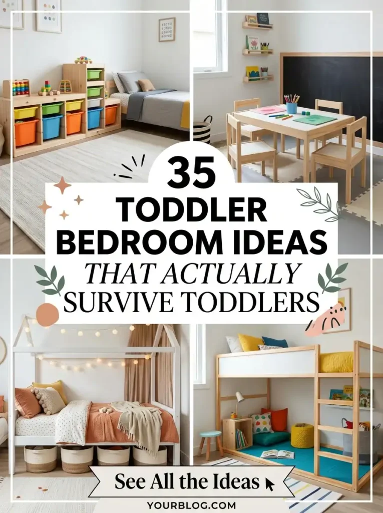 Collage of four toddler bedroom setups with text reading: 35 Toddler Bedroom Ideas That Actually Survive Toddlers
