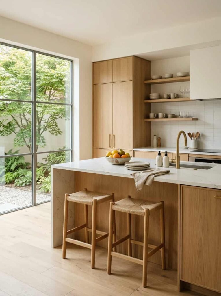 A Kitchen with light oak cabinetry katchen category