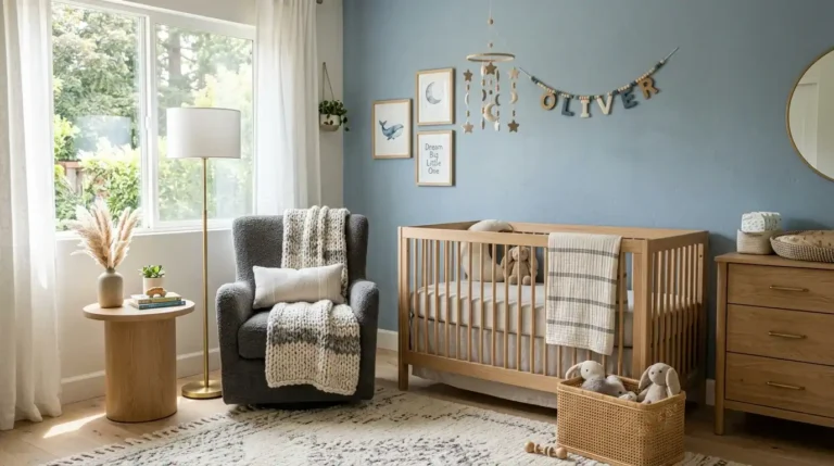 Modern blue and gray nursery theme with an oak crib.
