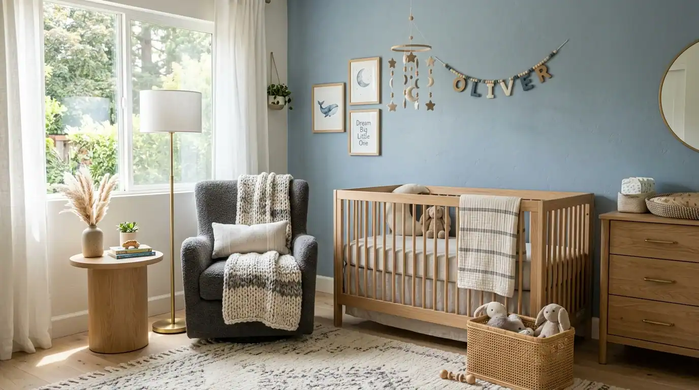 Modern blue and gray nursery theme with an oak crib.