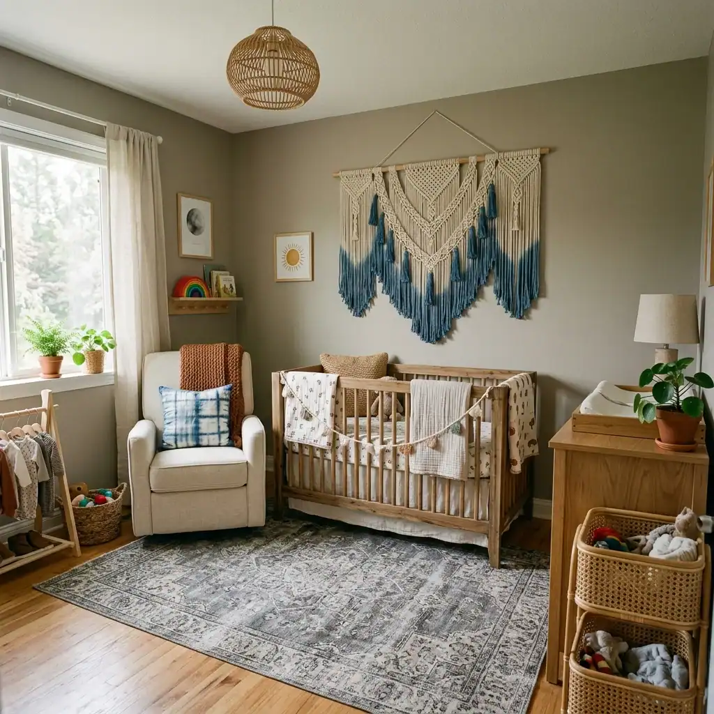 Boho denim blue and warm greige nursery decor.