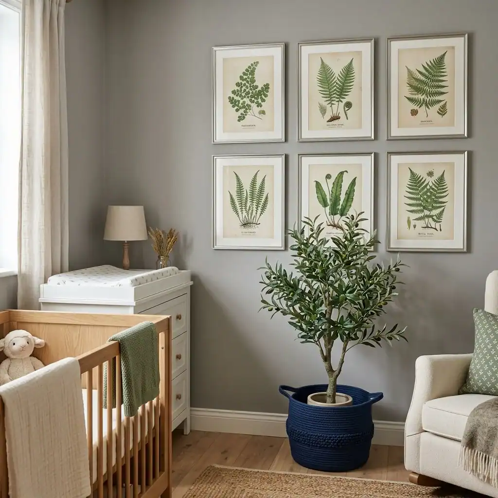 Blue and ash gray nursery with botanical plant accents.
