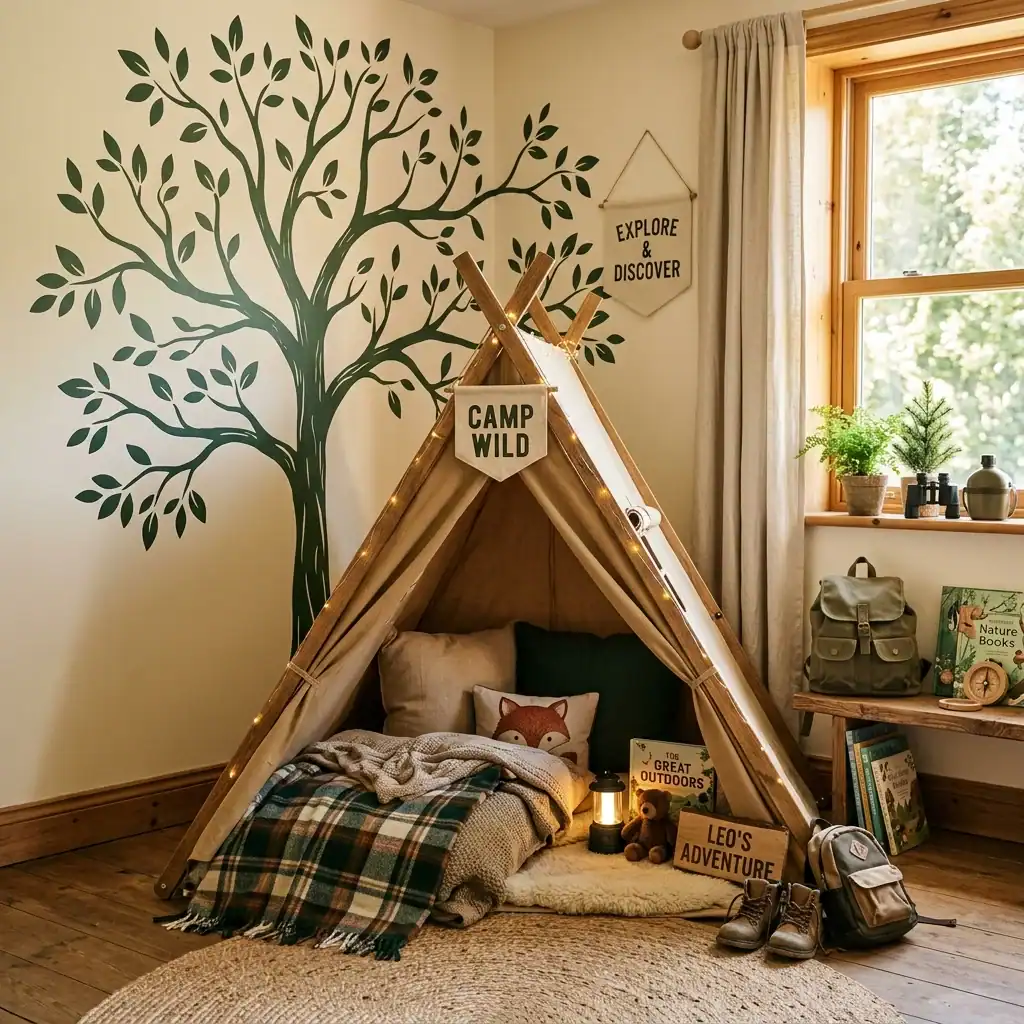 Outdoor adventure theme in a boy toddler bedroom