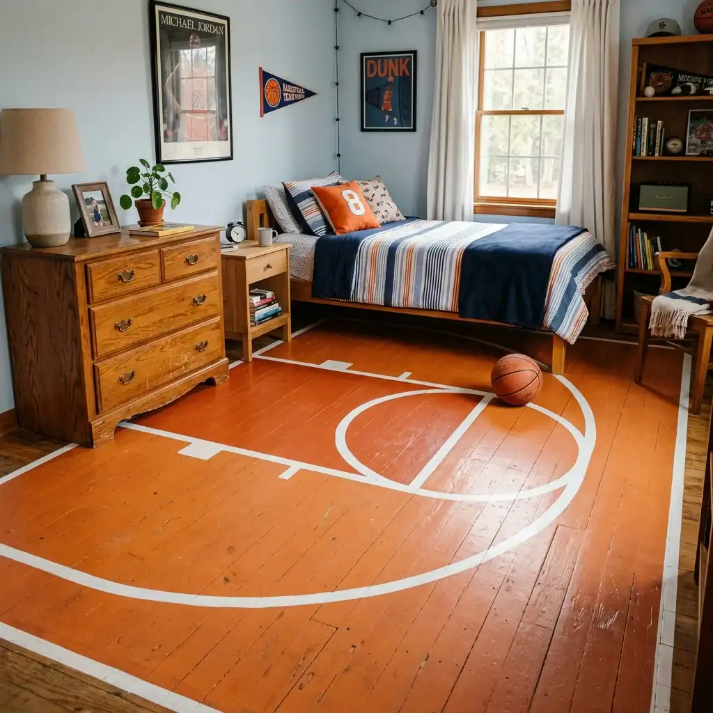 Basketball court floor stencil idea for boys room