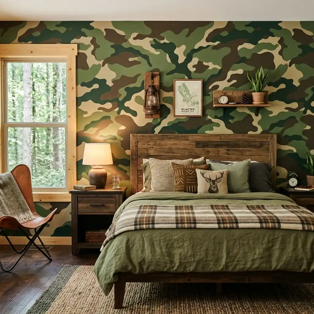 Camo pattern accent wall idea for boys room