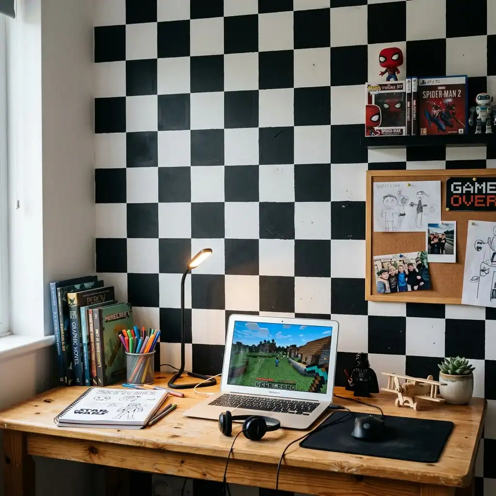 Checkered accent wall paint idea for a boys bedroom