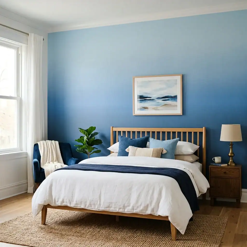 Denim blue ombre wall paint idea for boys bedroom