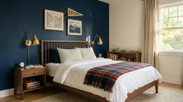 Navy accent wall boys bedroom paint ideas with wood furniture and warm lighting