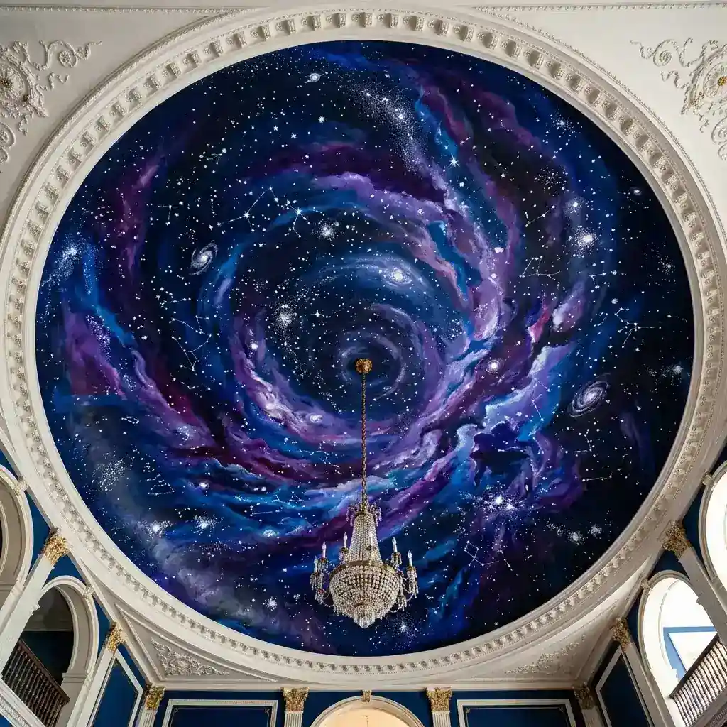 Galaxy mural ceiling paint idea for boys bedroom