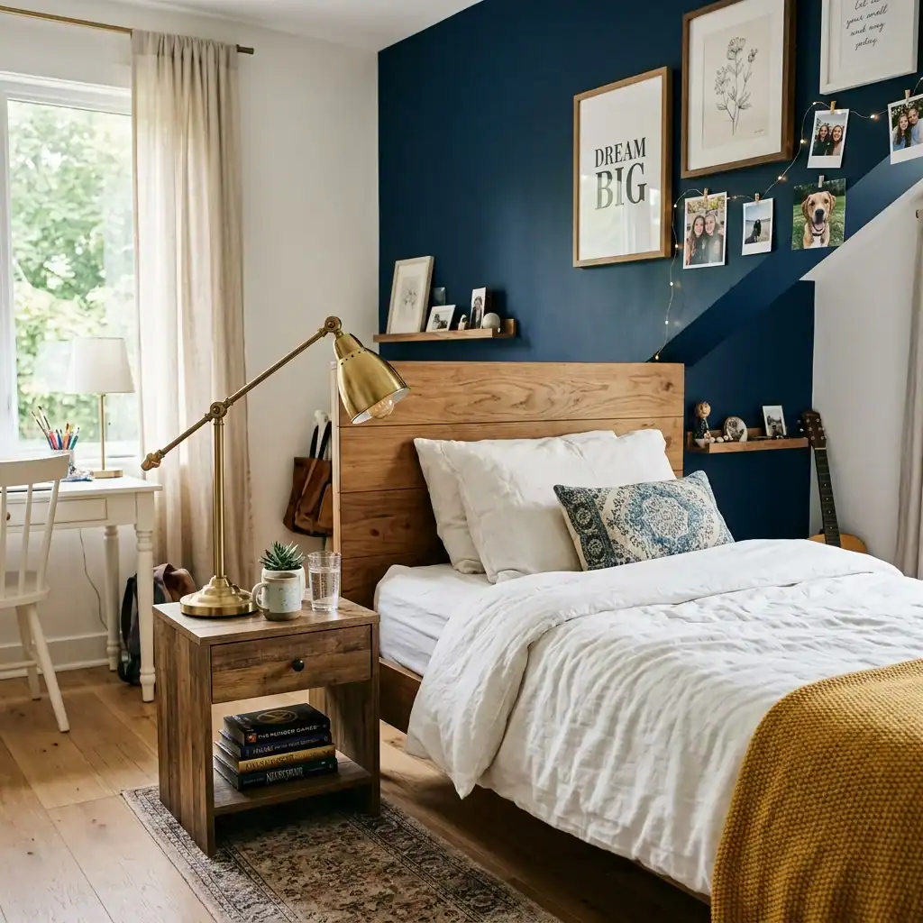 Navy blue accent wall idea for a preteen boys bedroom