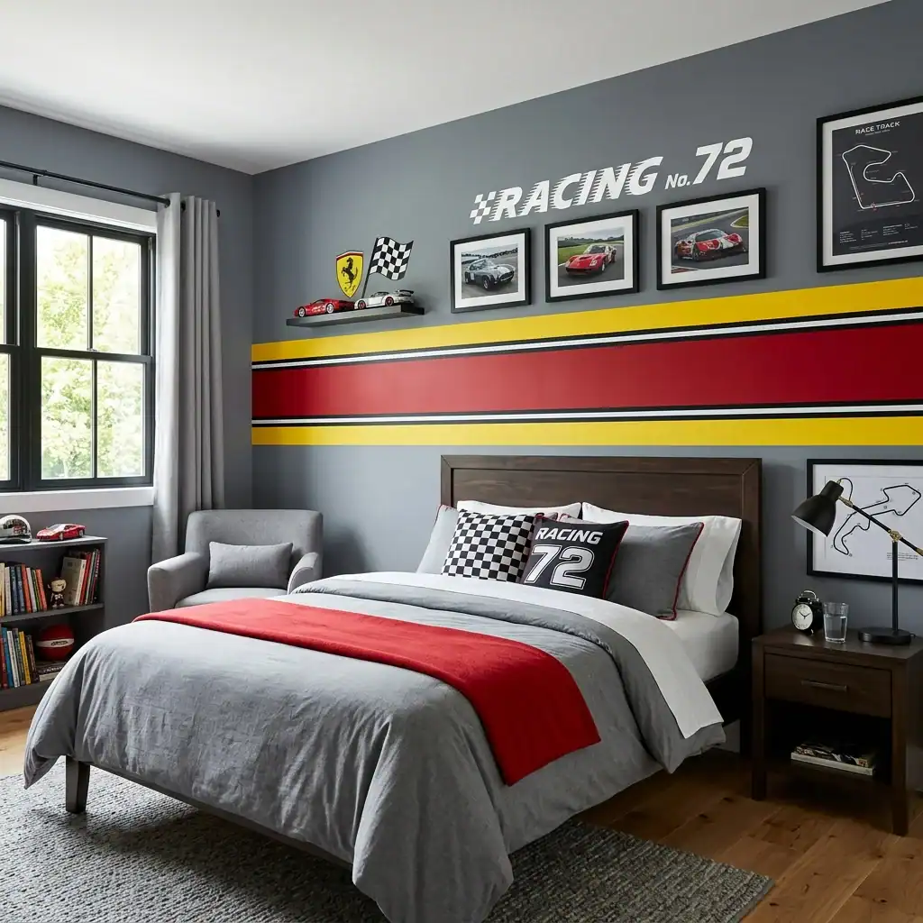 Racing stripe accent wall idea for a boys bedroom