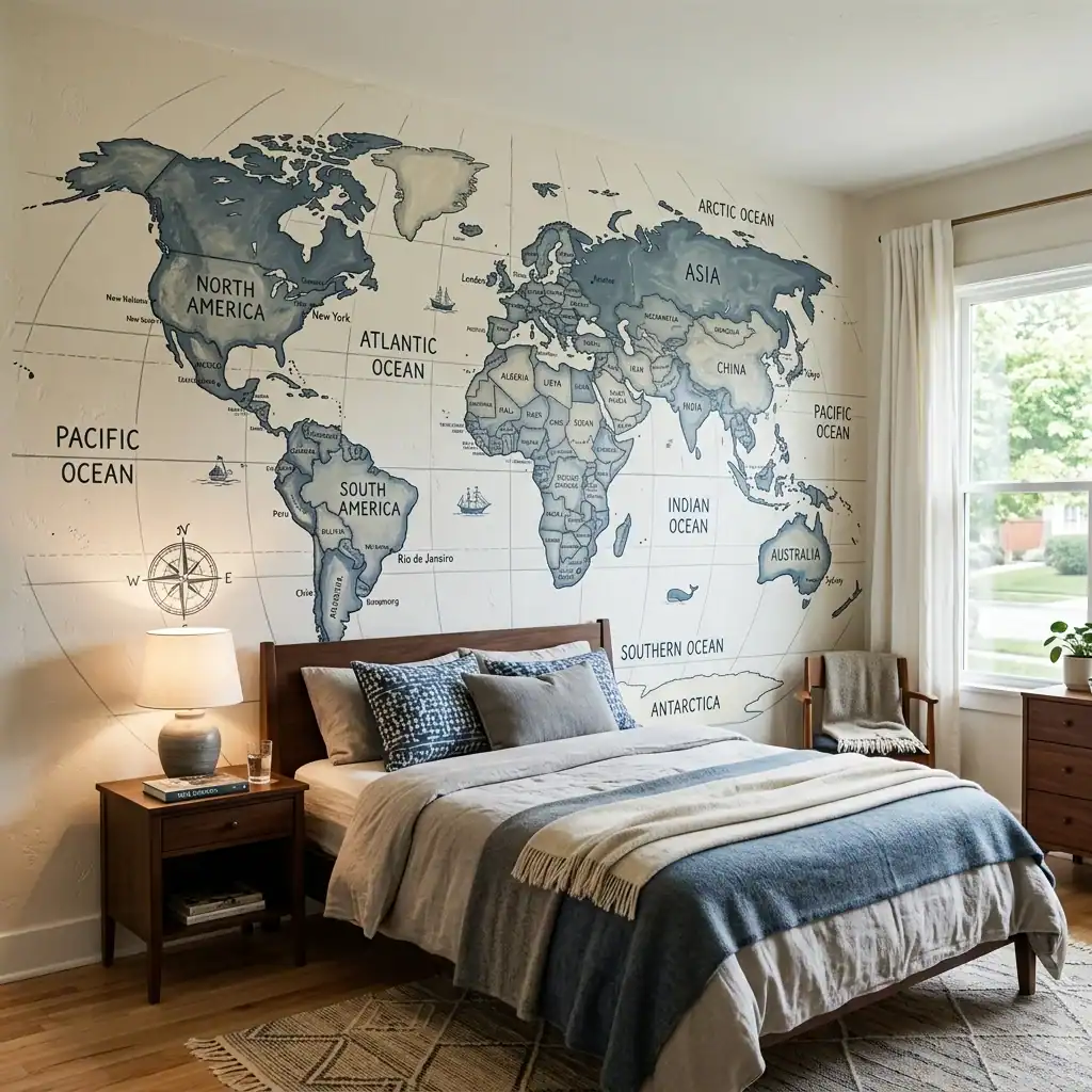 World map accent wall idea for a boys bedroom