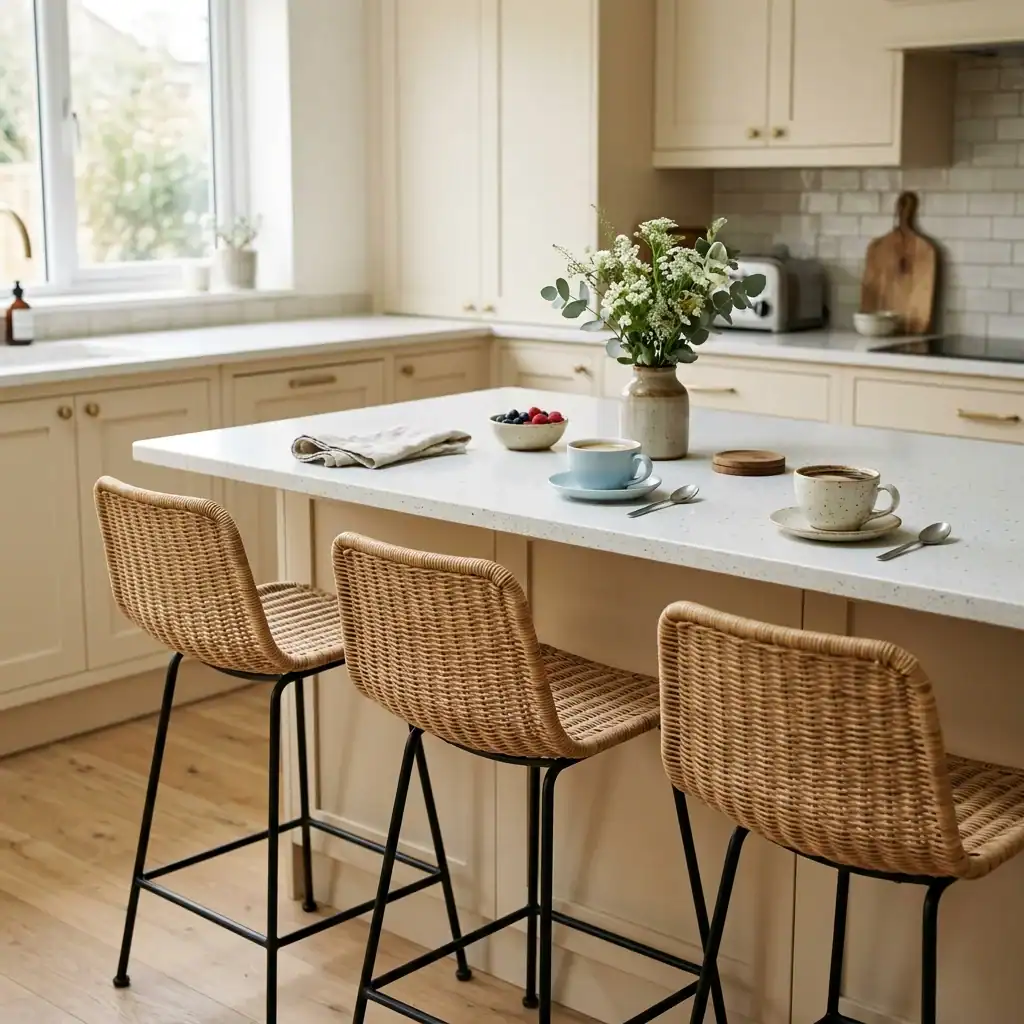 breakfast bar with counter stools tucked under kitchen island overhang