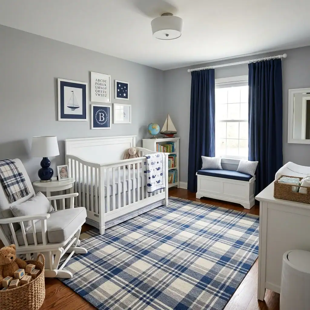 Blue and gray plaid rug in a classic nursery.