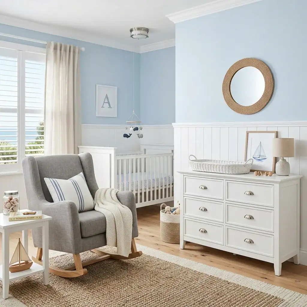 Coastal Hamptons style light blue nursery interior.