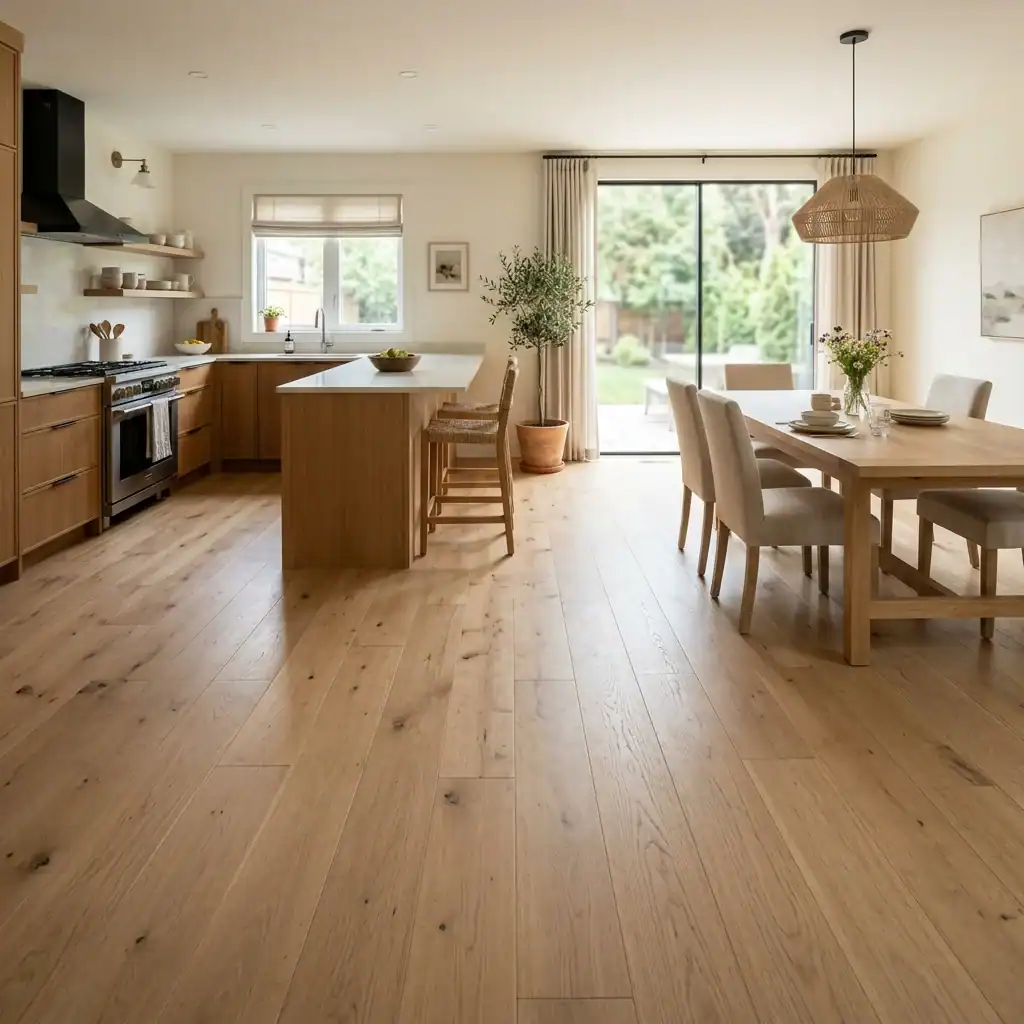 wide plank flooring connecting an open kitchen and dining area