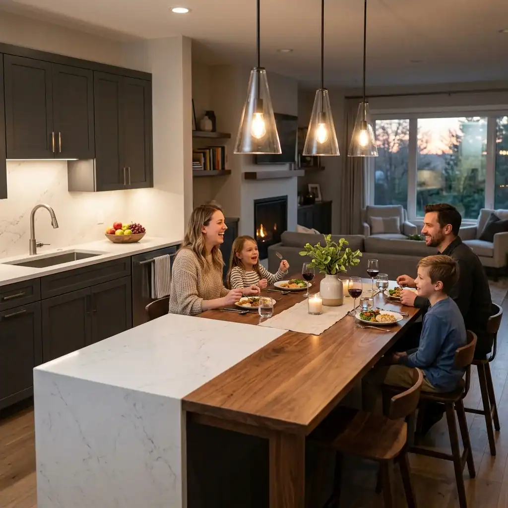 kitchen island extending into a wood dining table for open concept living