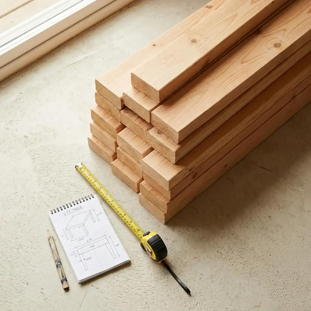 Stack of 2x4 lumber and a tape measure laid out for a DIY wall framing project