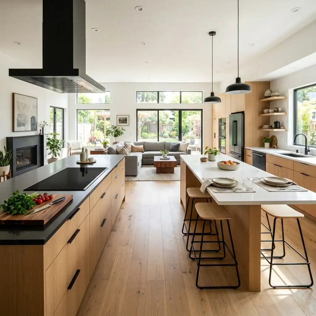 open kitchen with two islands for prep and casual dining seating