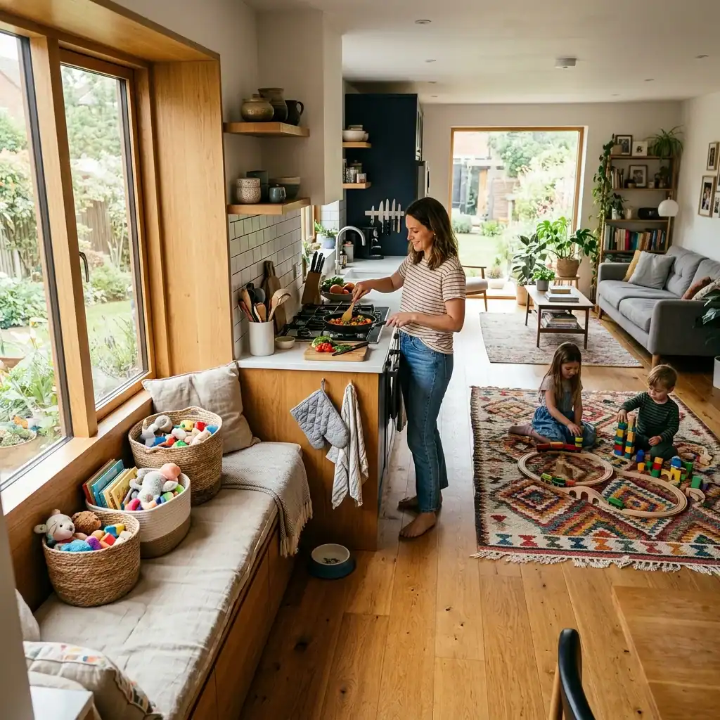 family-friendly open kitchen layout with window seat and living room view
