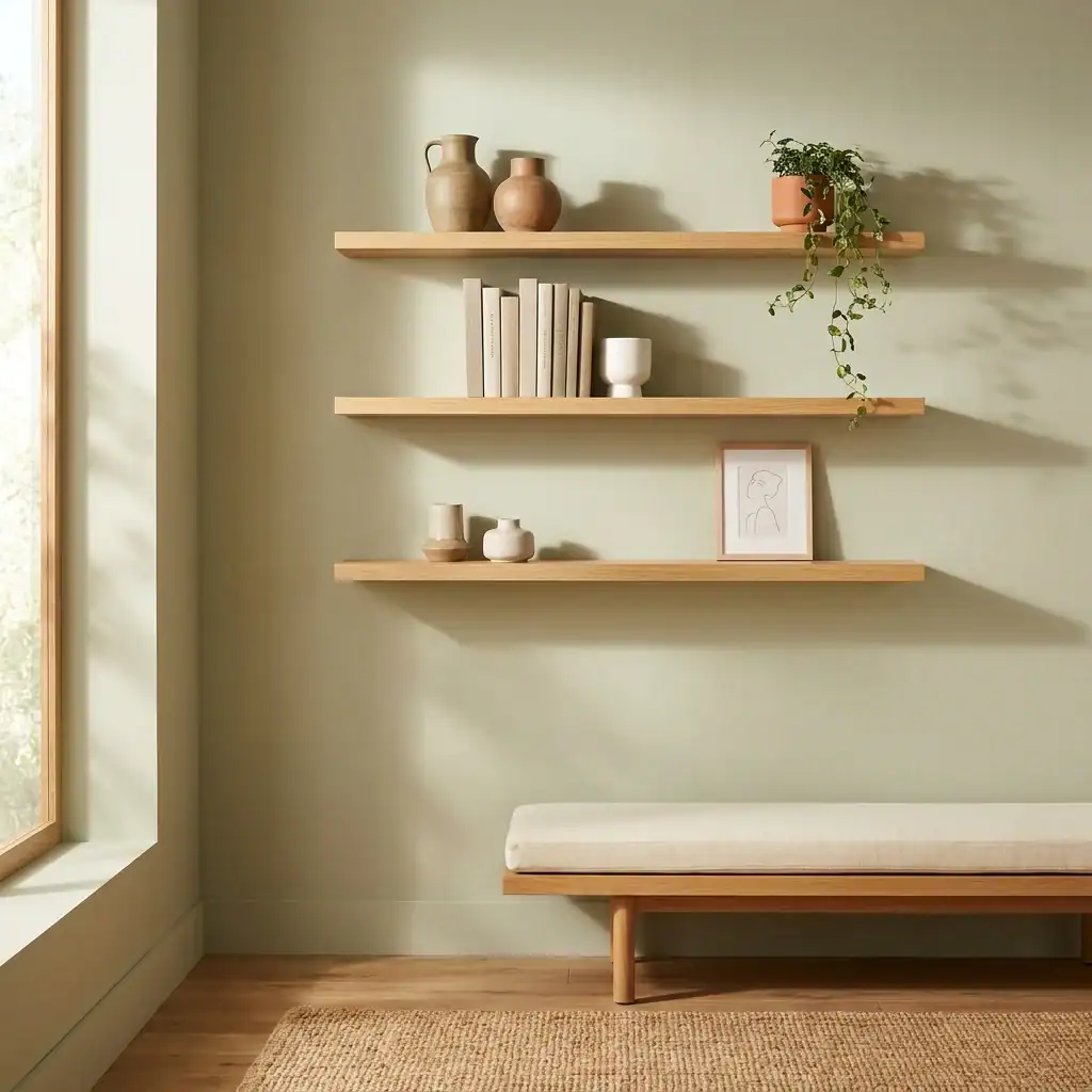 Styled floating oak shelves with ceramic vases and books mounted securely on wall studs in a Japandi living room
