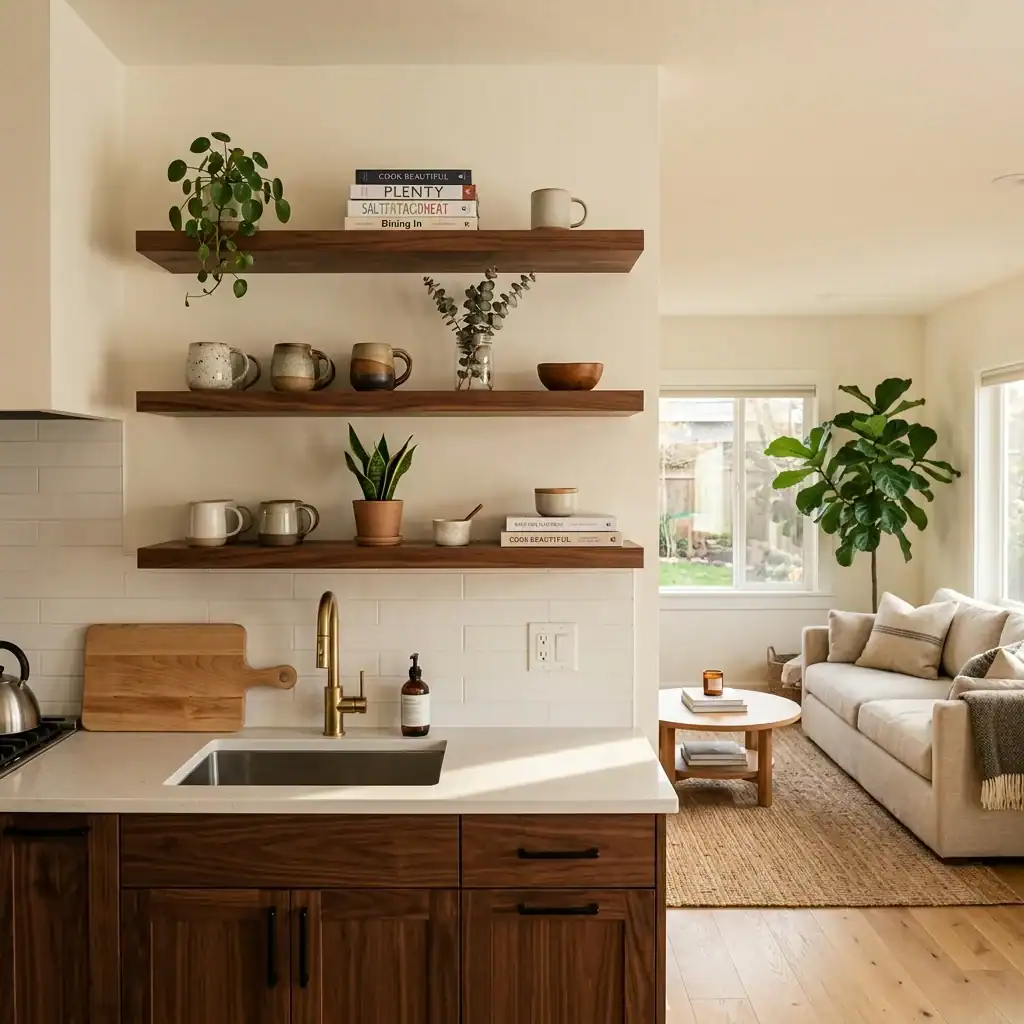 walnut floating shelves in an open kitchen facing the living room
