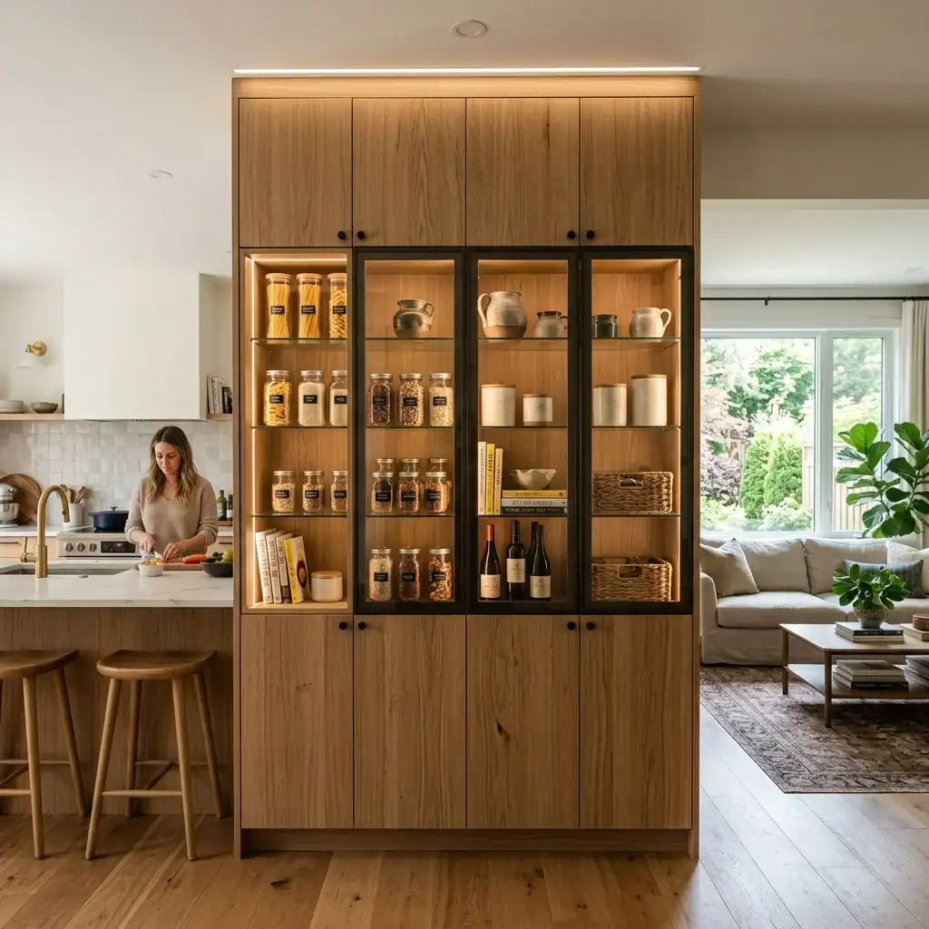 floor-to-ceiling pantry wall storage in an open concept kitchen