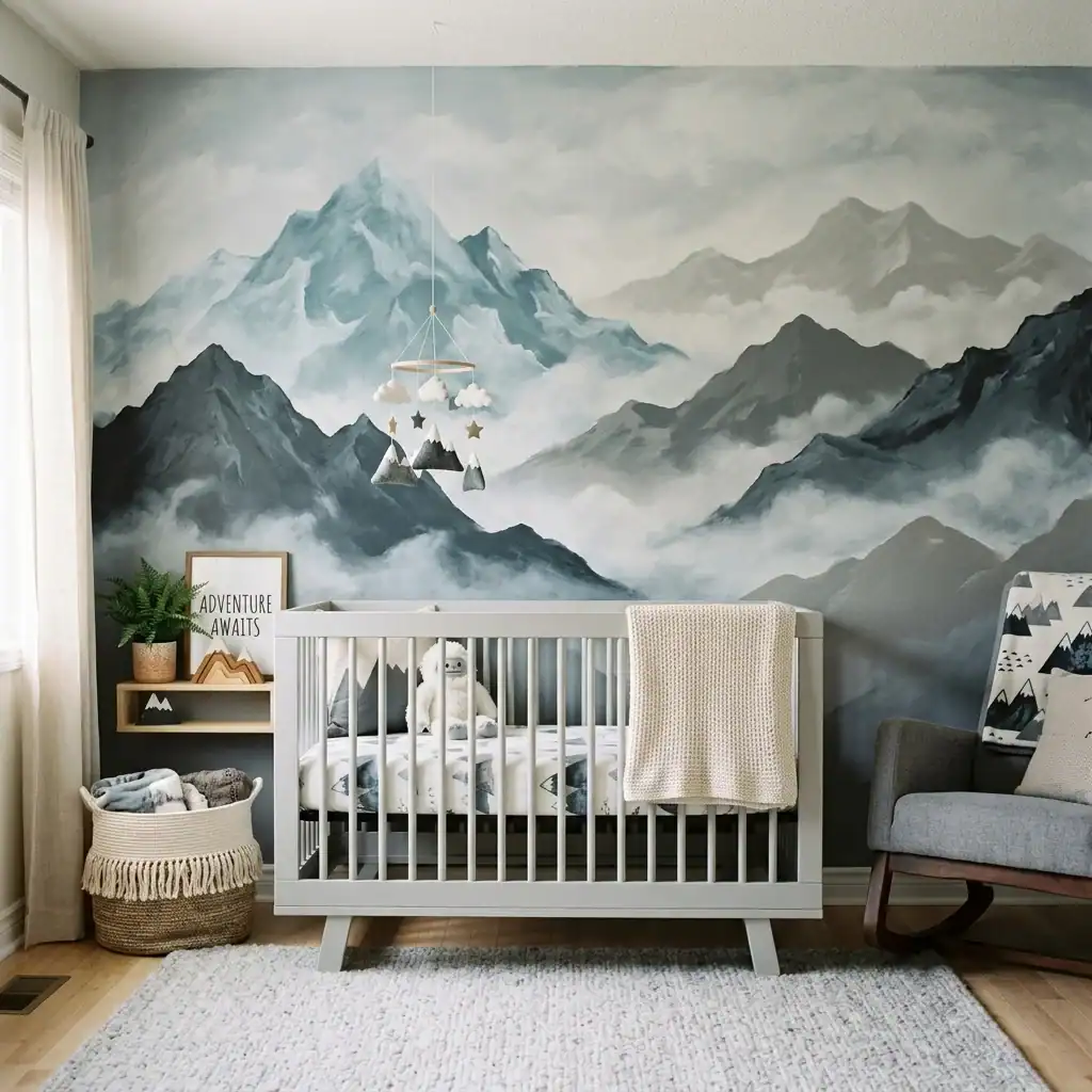 Foggy mountain mural in a blue and gray nursery.