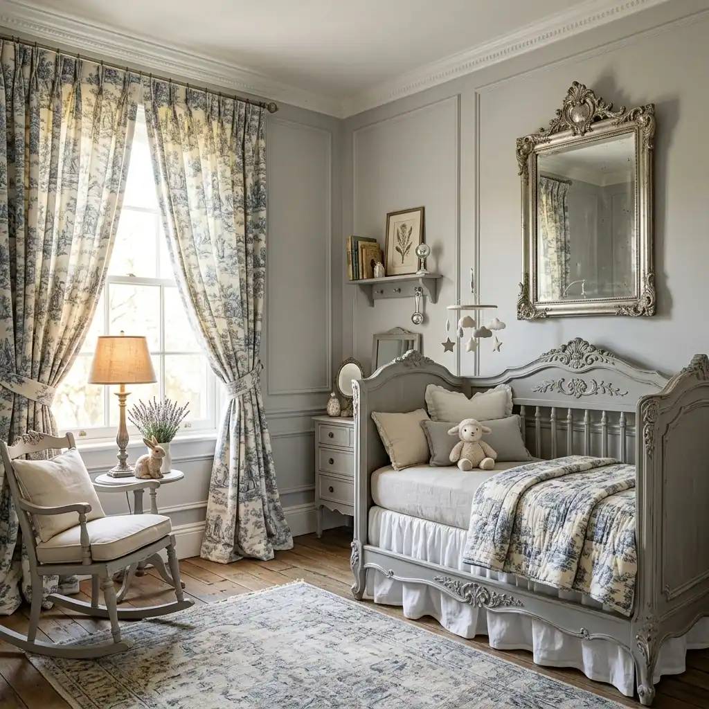 French country dove gray crib with blue accents.