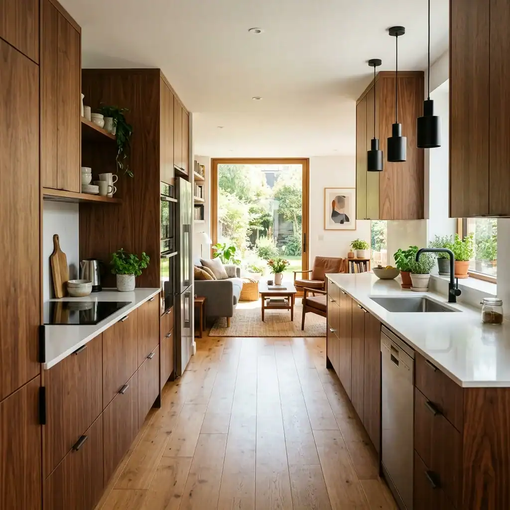 modern galley kitchen open at one end into a bright living room