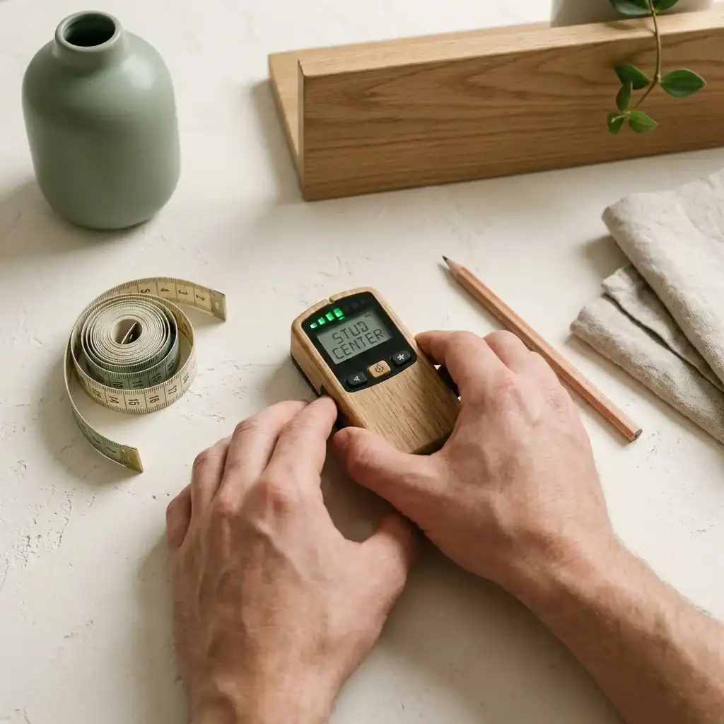 Hands using a stud finder against a neutral wall while measuring for a gallery wall installation