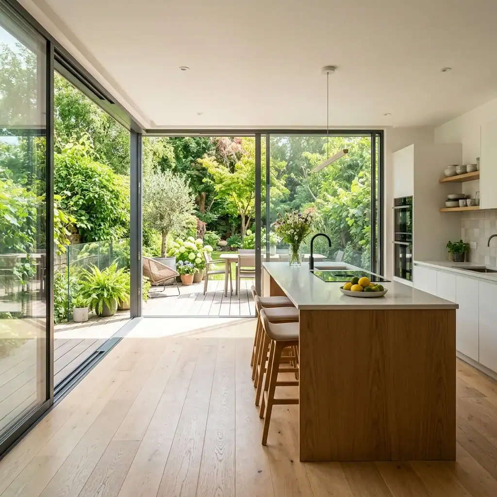 open kitchen with sliding doors leading to a patio for indoor-outdoor flow