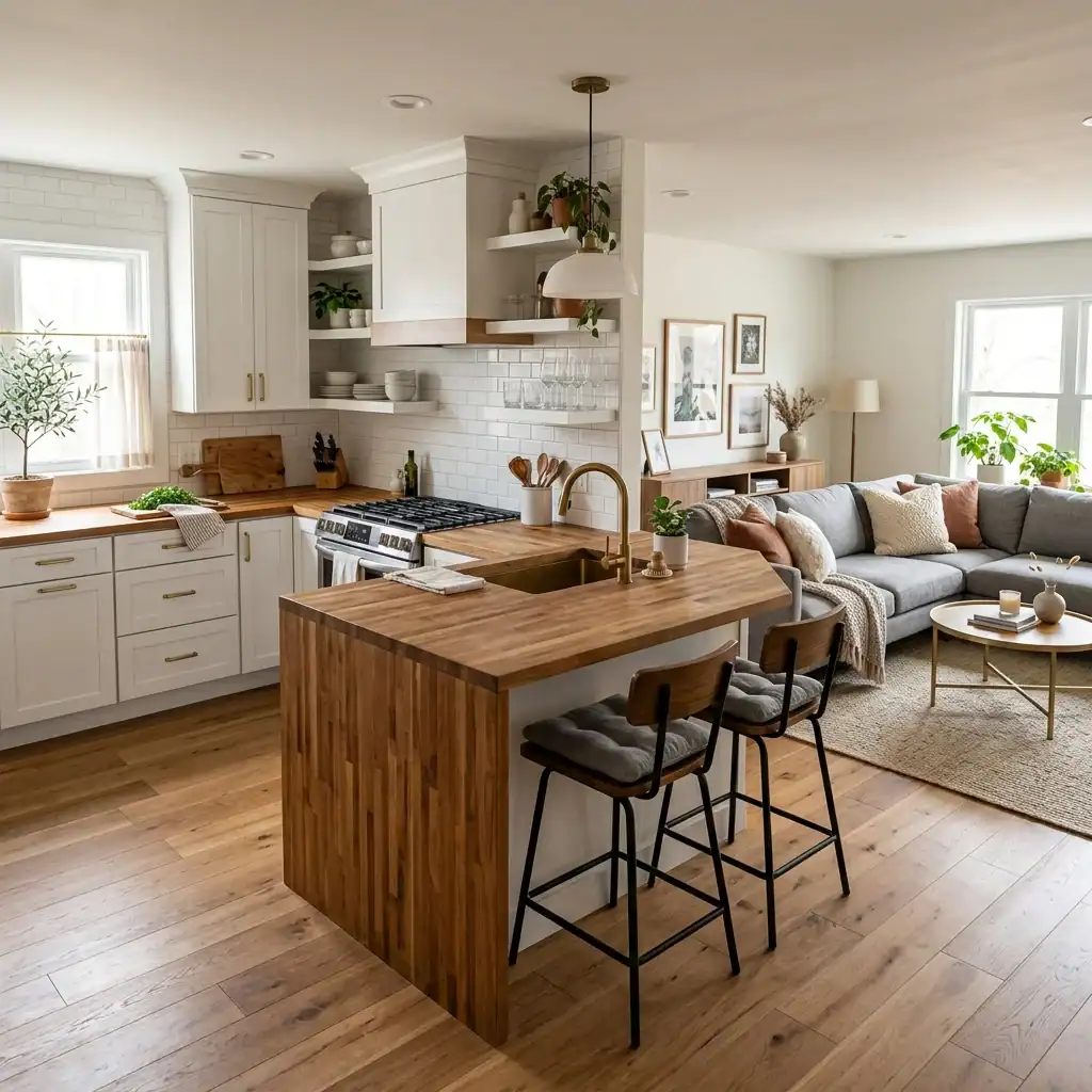 white L-shaped open concept kitchen with peninsula and living room view