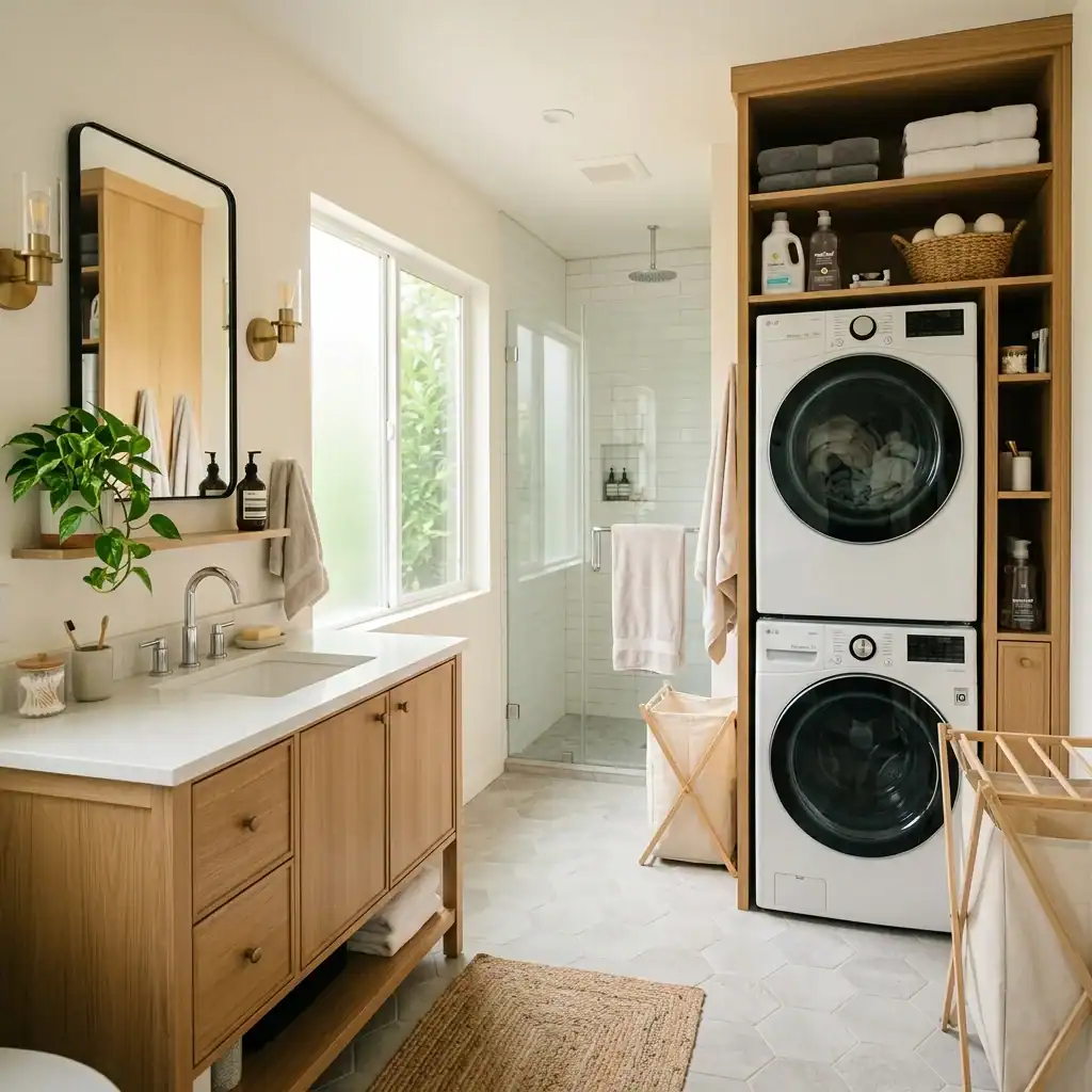Laundry room bathroom combo layout with vanity and washer