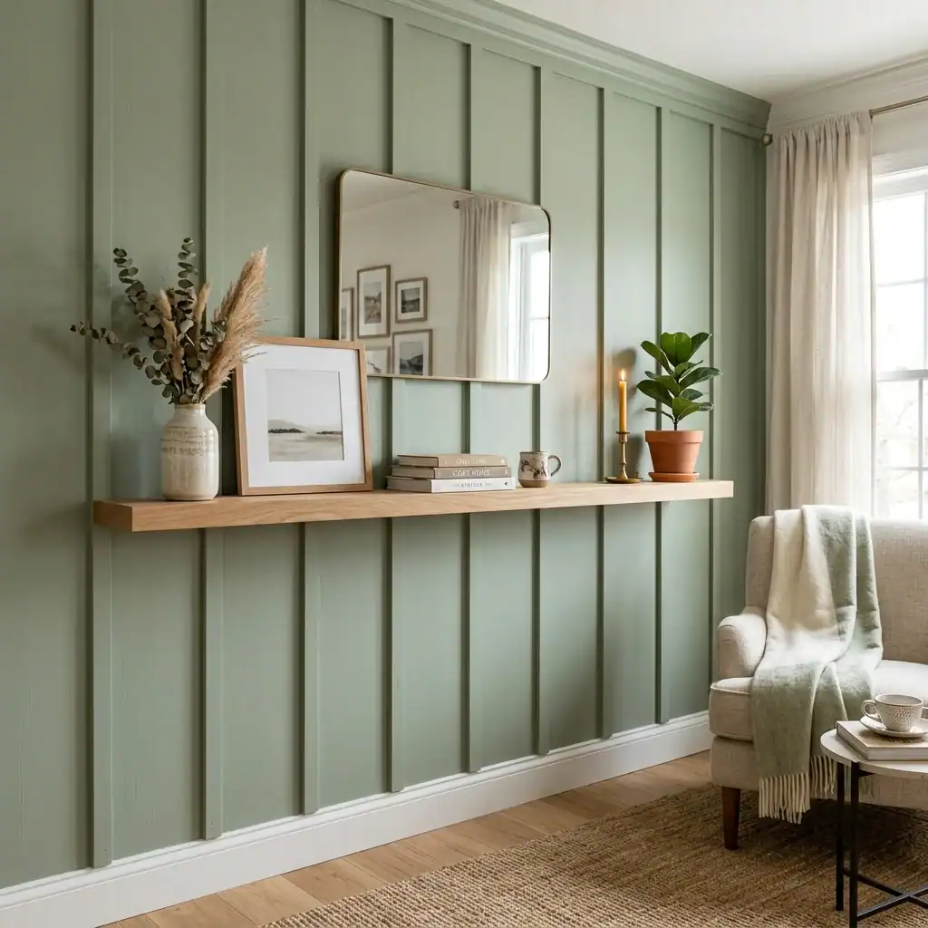 Board-and-batten paneled wall in a sage green laundry room