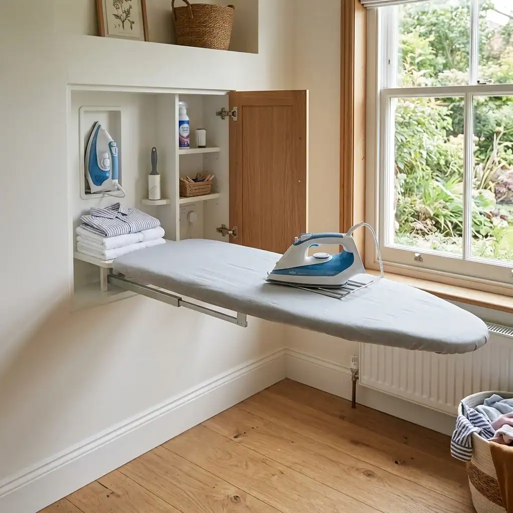 Built-in fold-down ironing board nook in a wall