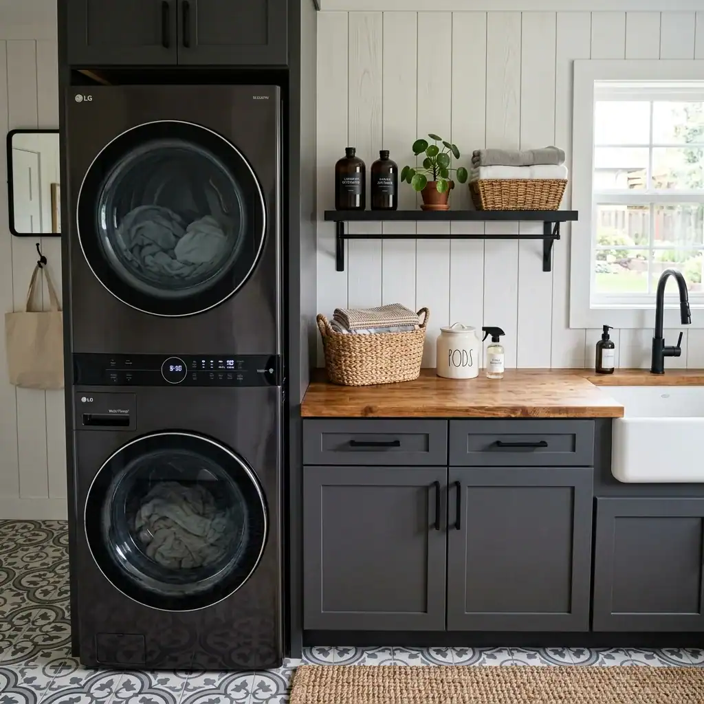 Warm maple butcher block counter in a laundry room