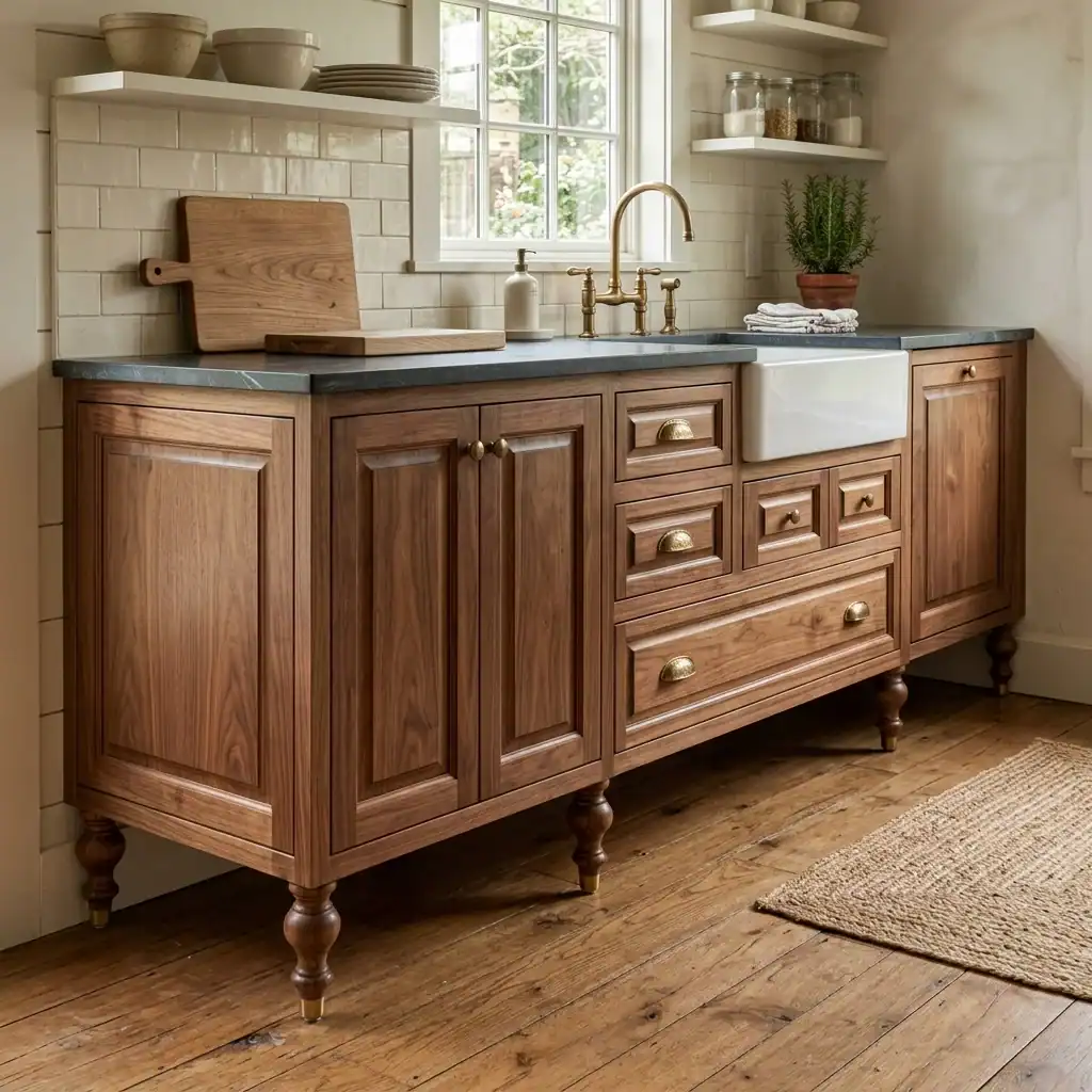 Custom cabinetry with turned furniture-style wood legs