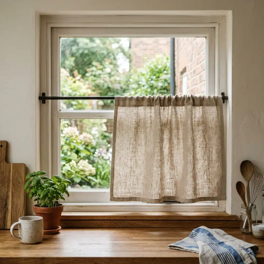 Linen café curtain on a small laundry room window