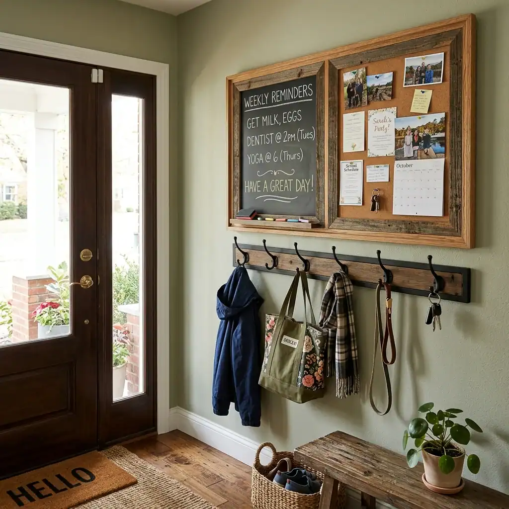 Chalkboard and cork message wall near an entry door