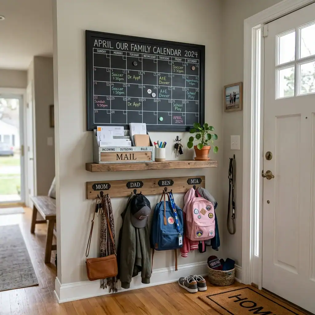 Family command center wall with calendar and labeled hooks