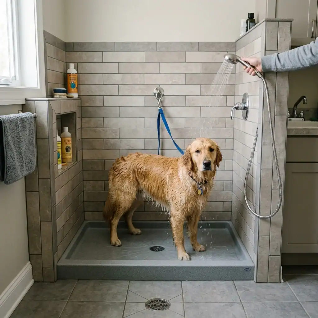 Built-in tiled dog wash station in a laundry room