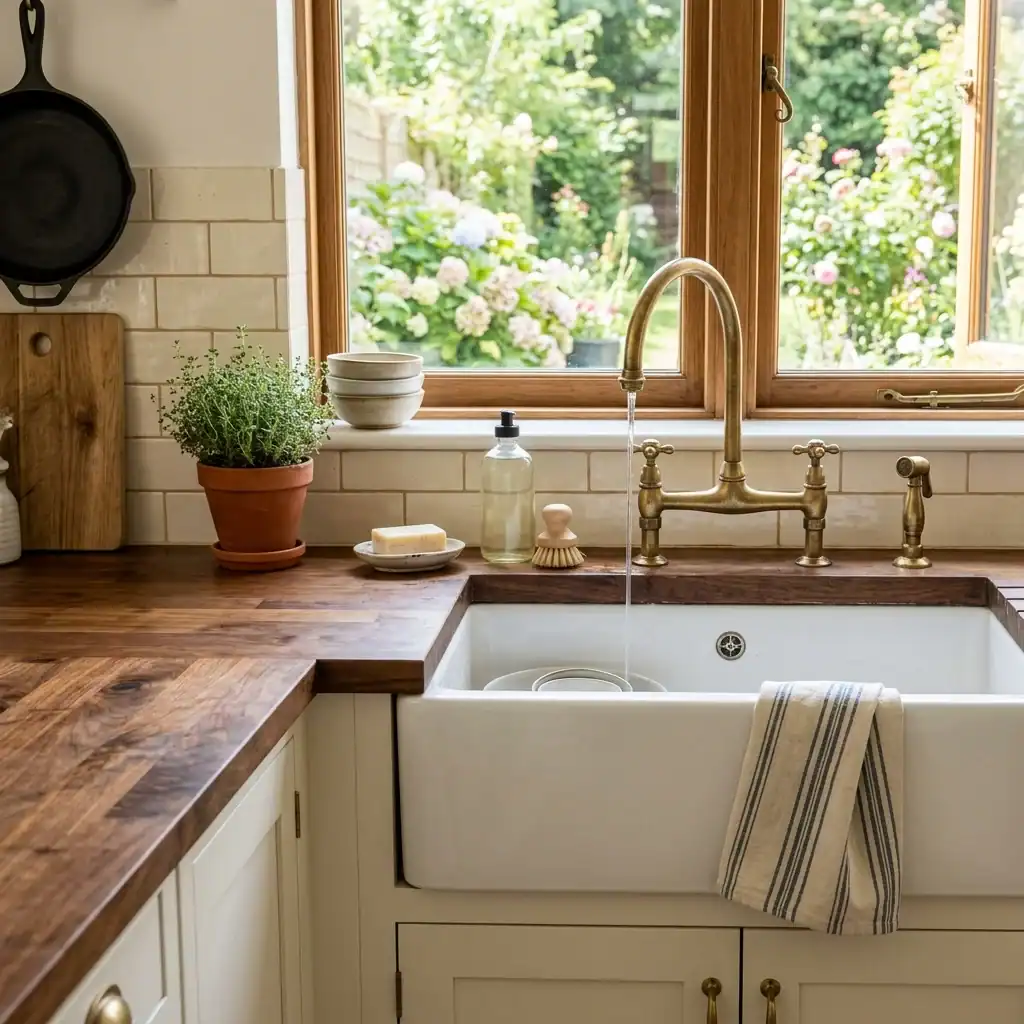 Fireclay farmhouse apron sink with a brass gooseneck faucet