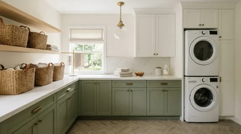 Elegant laundry room designs with sage cabinets and quartz counter