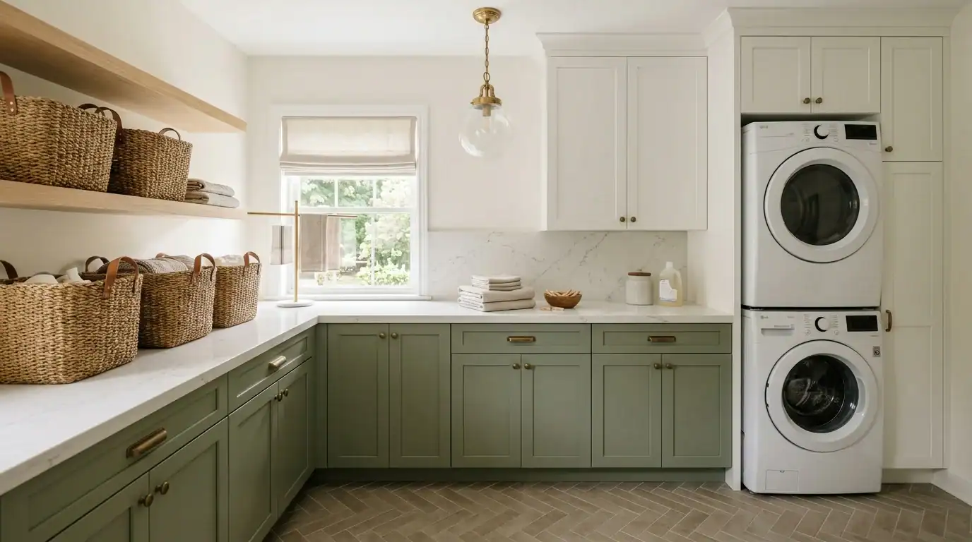 Elegant laundry room designs with sage cabinets and quartz counter