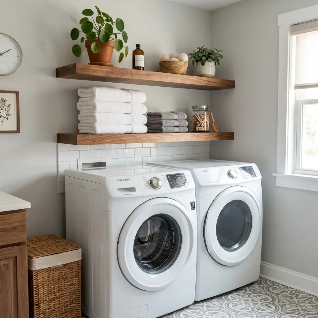 Floating walnut shelves above a stacked washer and dryer
